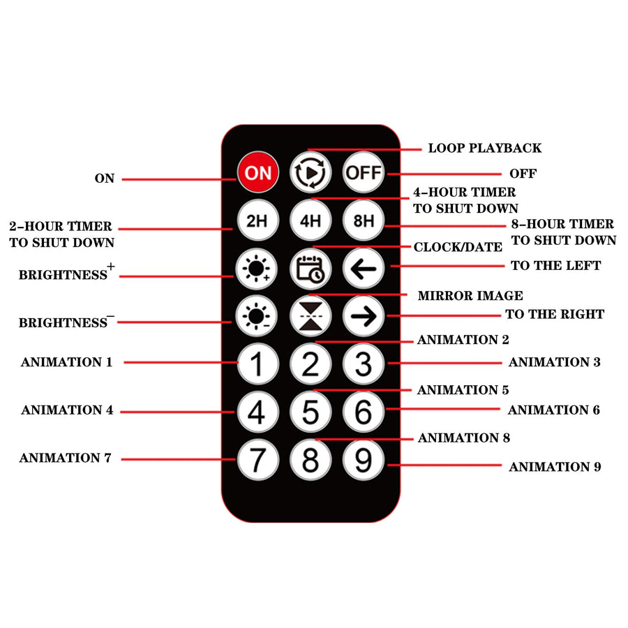 Remote control with on, off, timer, brightness and nine animation buttons