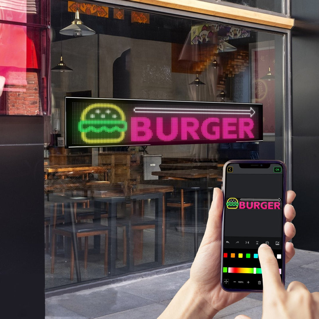 Burger shop LED sign set from a phone