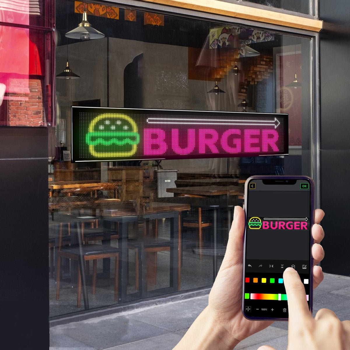 Burger shop LED sign set from a phone