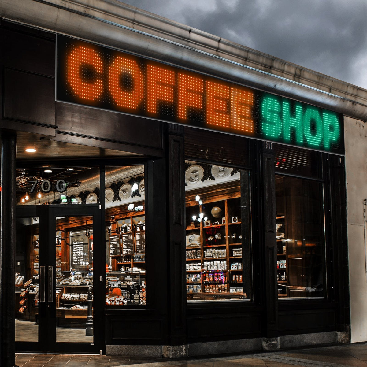 Coffee shop window with a scrolling LED sign