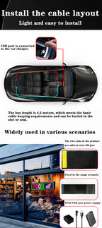 Diagram of the soft LED sign cable layout in a car and in a shop window