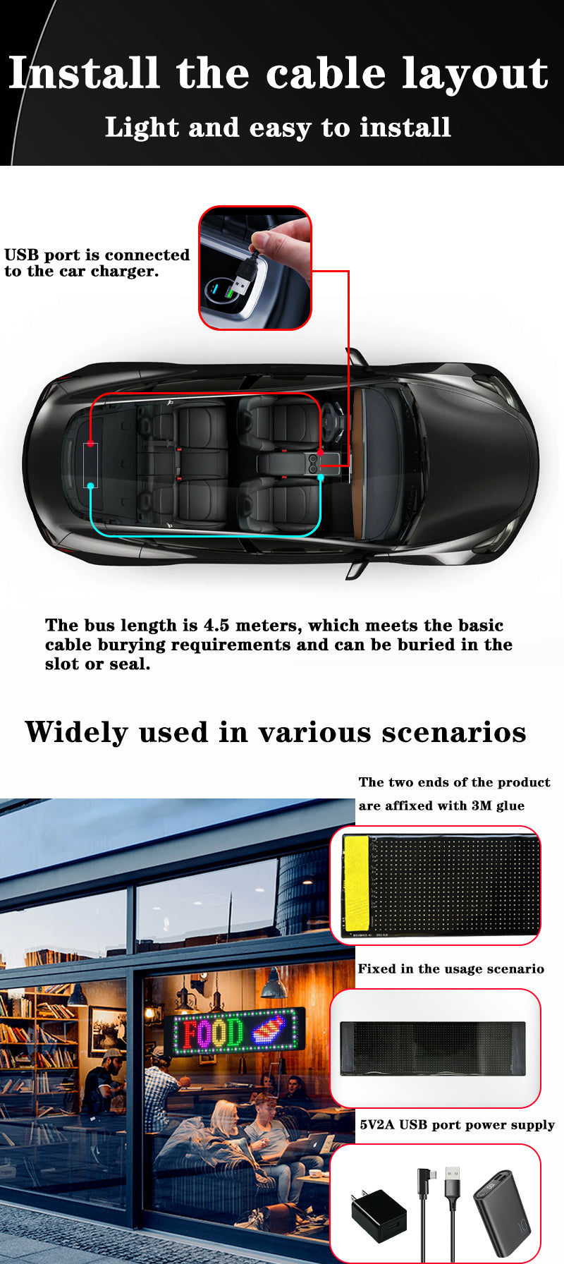 Diagram of the soft LED sign cable layout in a car and in a shop window