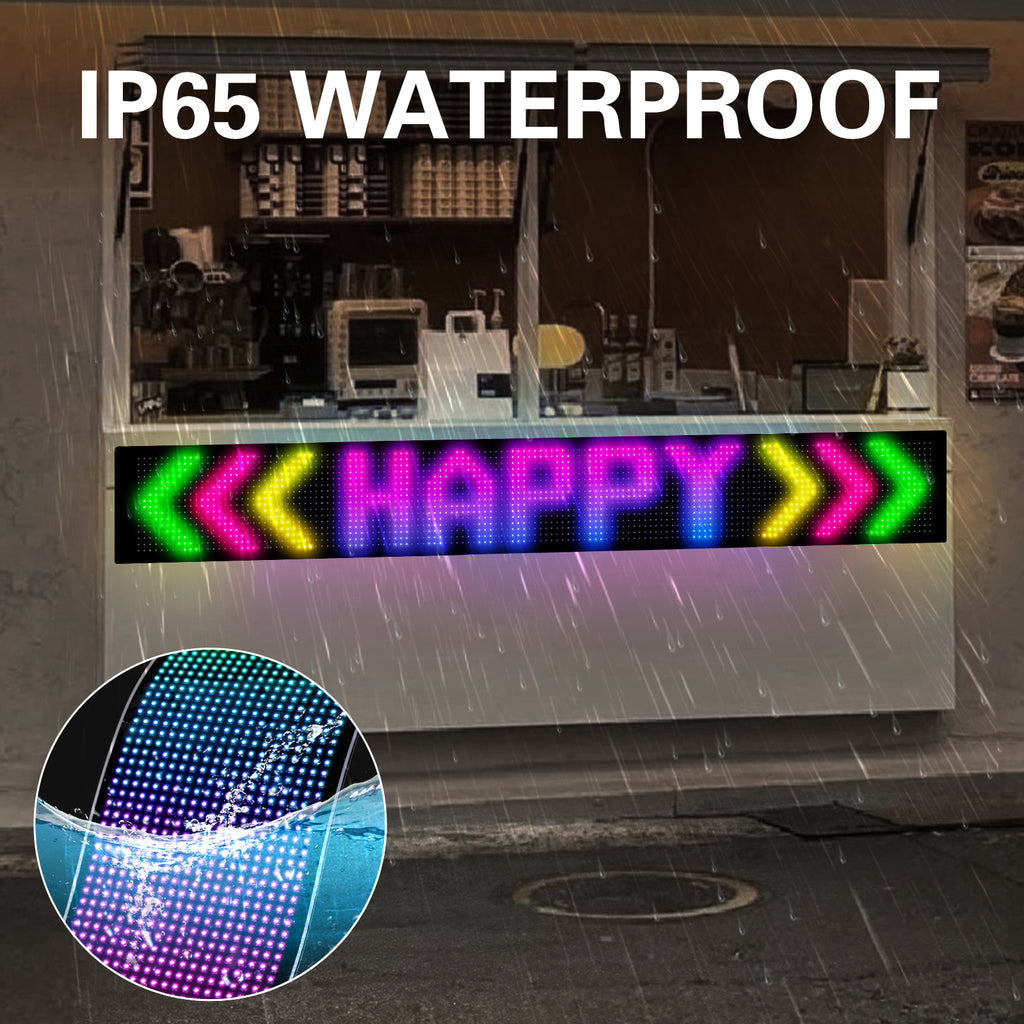IP65 waterproof soft LED sign showing HAPPY at a shop counter in the rain
