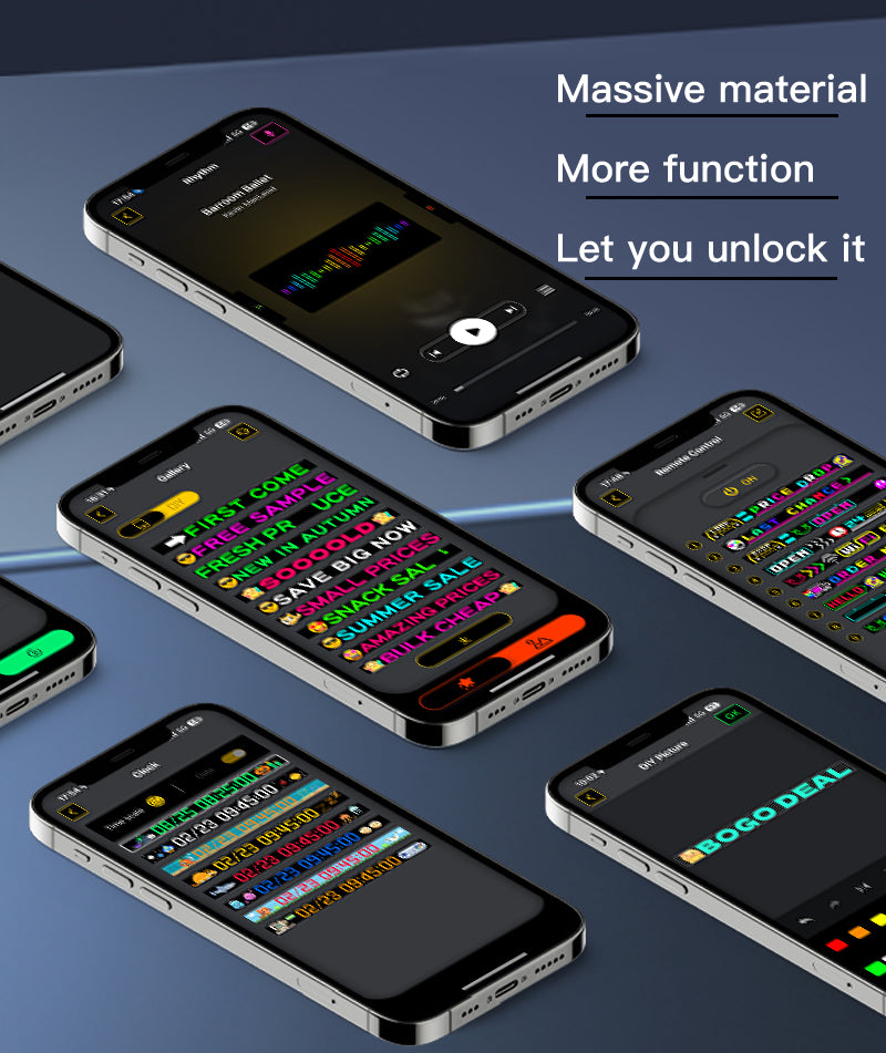 iPixel Color app showing message templates on several phones