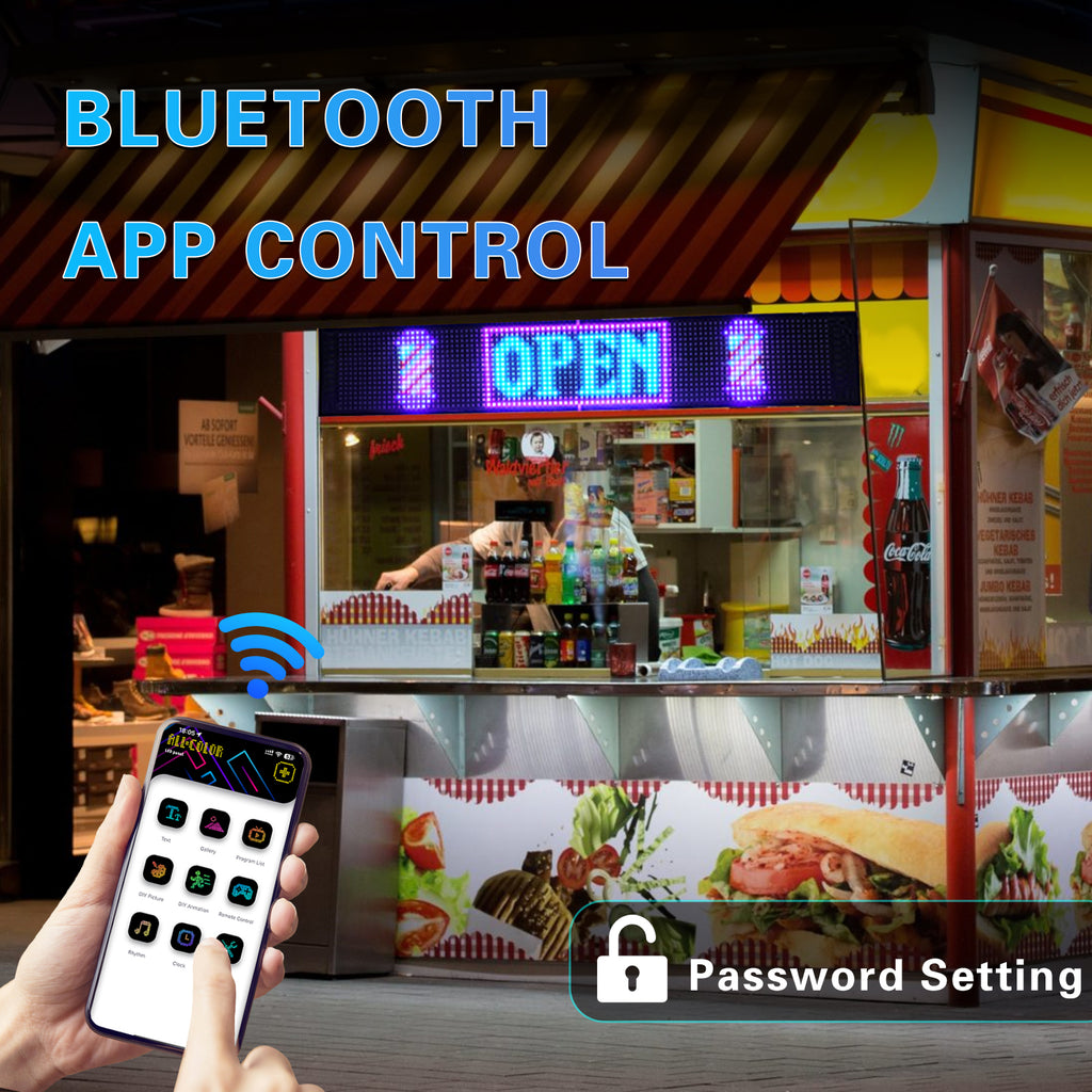 Storefront with a soft LED sign showing OPEN, controlled from a phone over Bluetooth