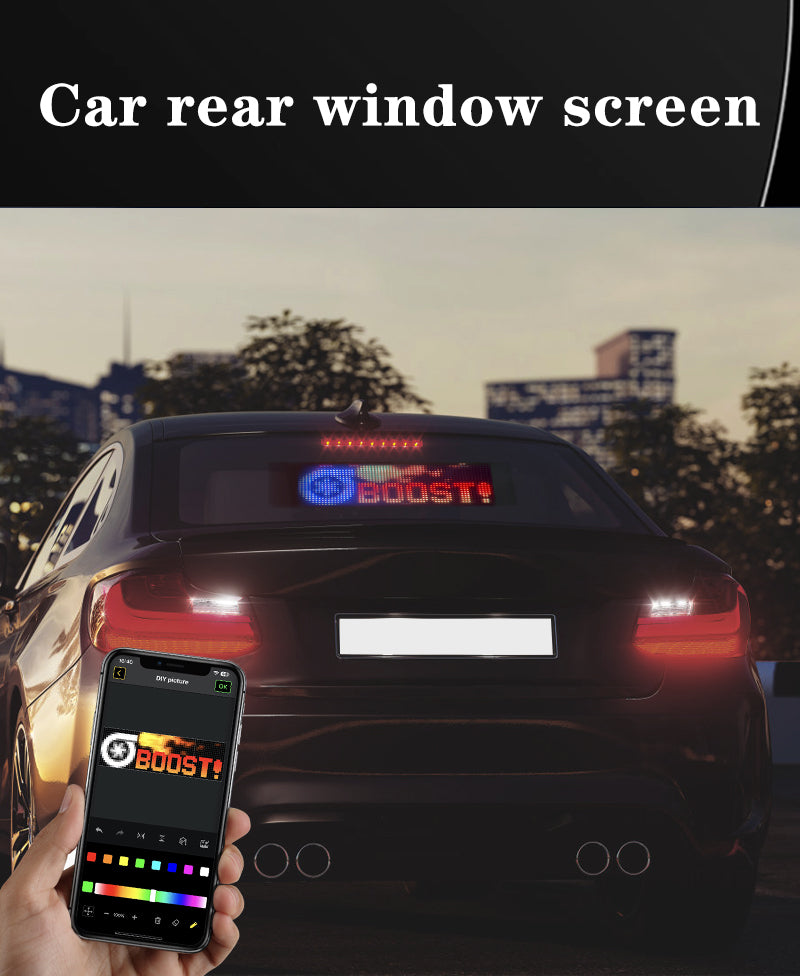 Soft LED sign in a car rear window controlled from the phone app