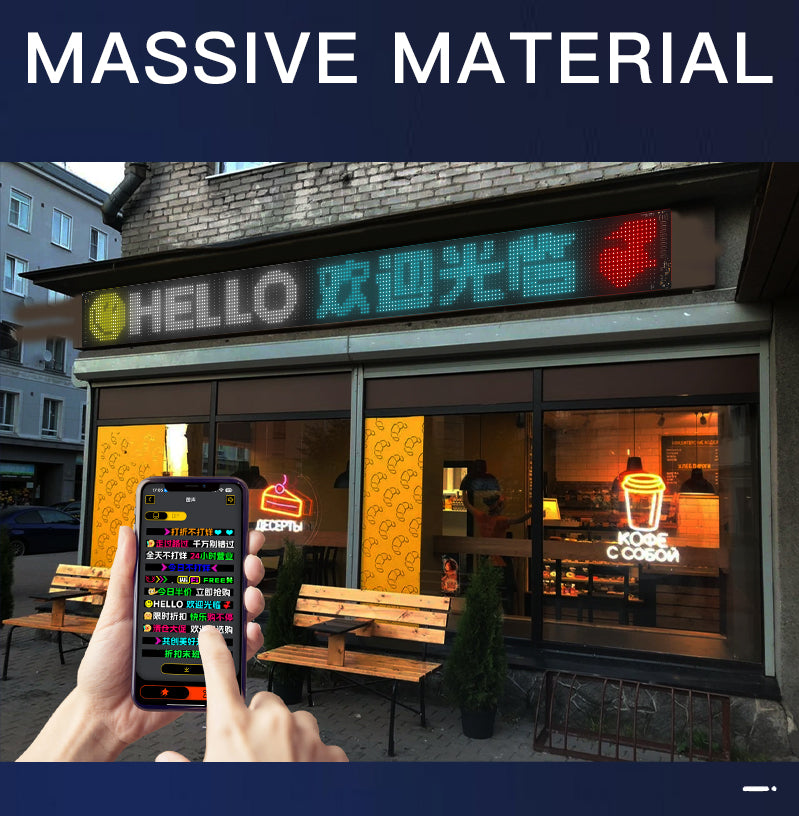 Storefront with a soft LED sign showing HELLO, controlled from a phone