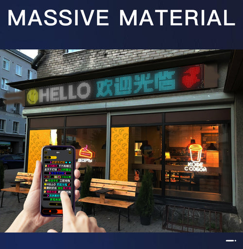 Storefront with a soft LED sign showing HELLO, controlled from a phone