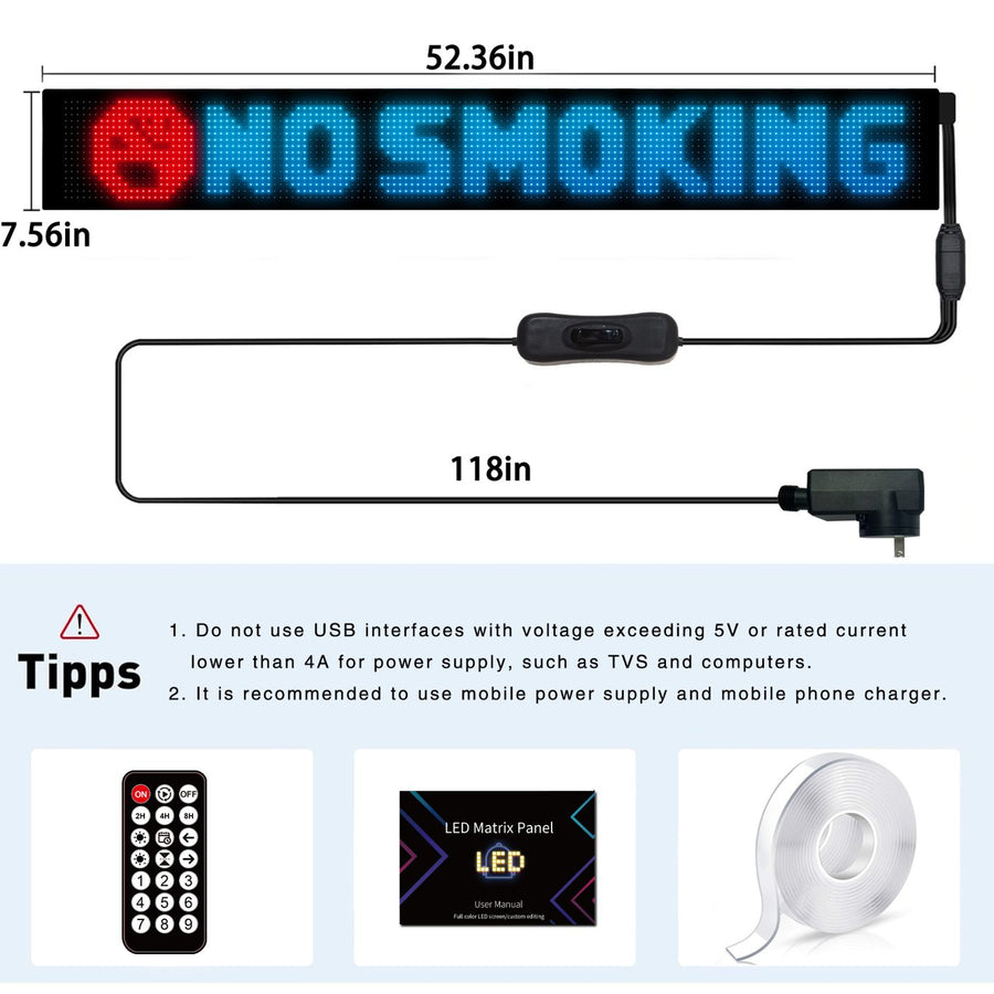 Diagram of the 52 inch sign with its 118 inch switched cable, wall adapter, remote, manual and mounting tape